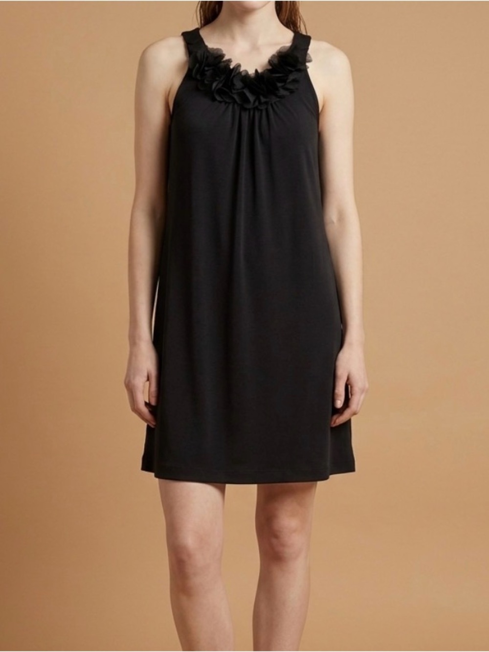 Sleeveless Black Midi Dress with Floral Neck Trim